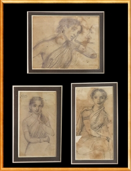 3) M. V. Dhurandhar, Untitled (Set of 3), 1910-1911, Pencil Drawing on Paper